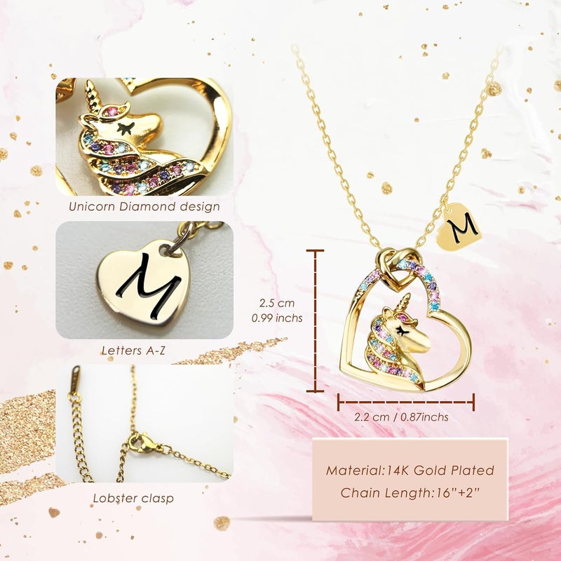 PYXC Valentines Day Gifts - Unicorn Necklace Gifts for Girls, Gold CZ Heart Unicorn Jewelry Initial Girls Birthday Colorful Heart Necklace Birthday present - Image 4